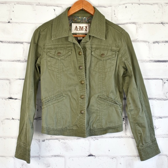 AMI Sage Green Lightweight Cotton Snap Front Military Inspired Jacket S - Picture 1 of 6